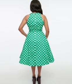 1950s Green & White Polka Dot Tie Swing Dress