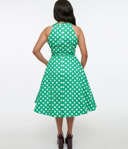 1950s Green & White Polka Dot Tie Swing Dress