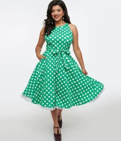1950s Green & White Polka Dot Tie Swing Dress