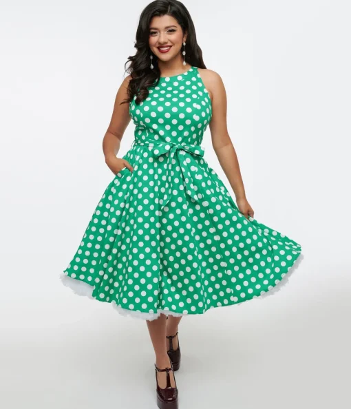 1950s Green & White Polka Dot Tie Swing Dress
