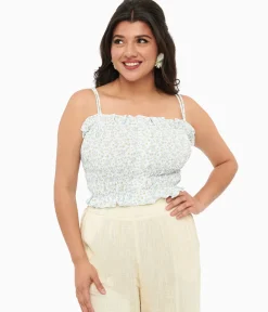 1970s Light Blue Daisy Smocked Crop Top