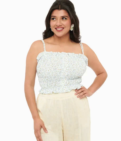 1970s Light Blue Daisy Smocked Crop Top