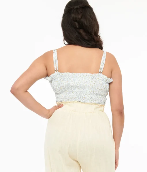 1970s Light Blue Daisy Smocked Crop Top