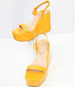 1990s Mustard Yellow Leatherette Platform Sandal Wedge