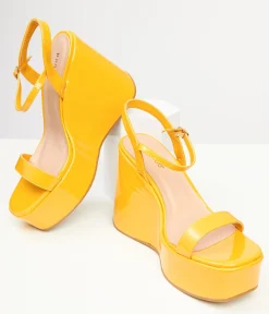 1990s Mustard Yellow Leatherette Platform Sandal Wedge