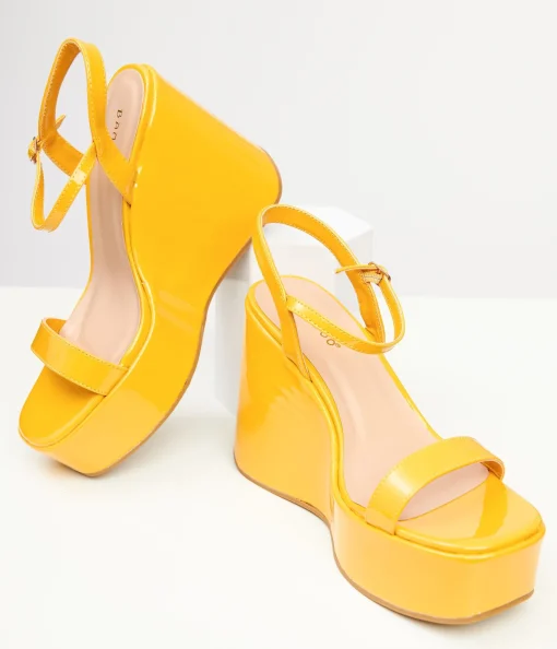 1990s Mustard Yellow Leatherette Platform Sandal Wedge