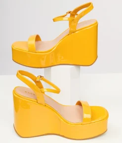 1990s Mustard Yellow Leatherette Platform Sandal Wedge