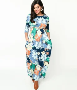 1970s Navy & Multicolor Floral Knit Maxi Dress