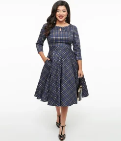 1950s Navy Plaid Anna Swing Dress