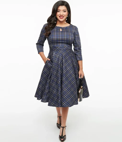 1950s Navy Plaid Anna Swing Dress