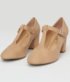 1920s Nude Suede T-Strap Mary Jane Heels