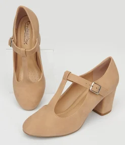 1920s Nude Suede T-Strap Mary Jane Heels