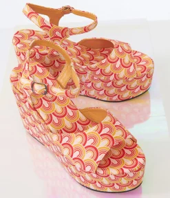 1970s Orange & Yellow Scallop Print Platform Wedges