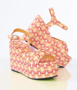 1970s Orange & Yellow Scallop Print Platform Wedges