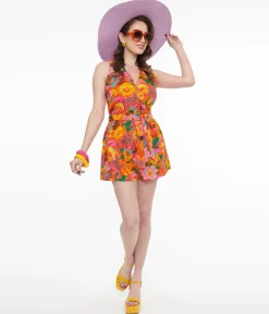 1970s Orange Floral Surplice Idalia Honey Romper