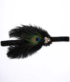 1920s Peacock Feather & Pearl Gem Flapper Headband