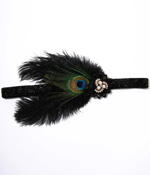 1920s Peacock Feather & Pearl Gem Flapper Headband