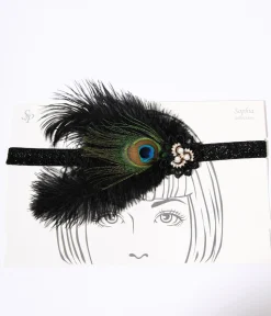 1920s Peacock Feather & Pearl Gem Flapper Headband