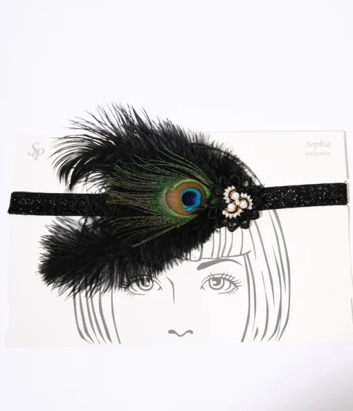 1920s Peacock Feather & Pearl Gem Flapper Headband