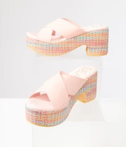 1970s Pink & Rainbow Woven Nellie Platform Sandals