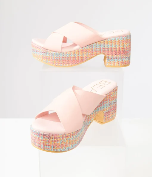 1970s Pink & Rainbow Woven Nellie Platform Sandals
