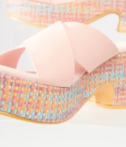 1970s Pink & Rainbow Woven Nellie Platform Sandals