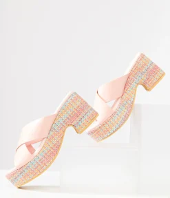 1970s Pink & Rainbow Woven Nellie Platform Sandals