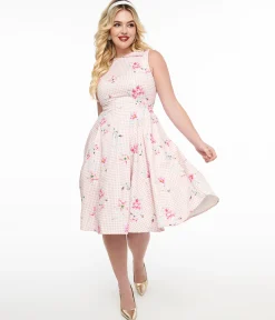 1950s Pink Gingham & Floral Cotton Swing Dress
