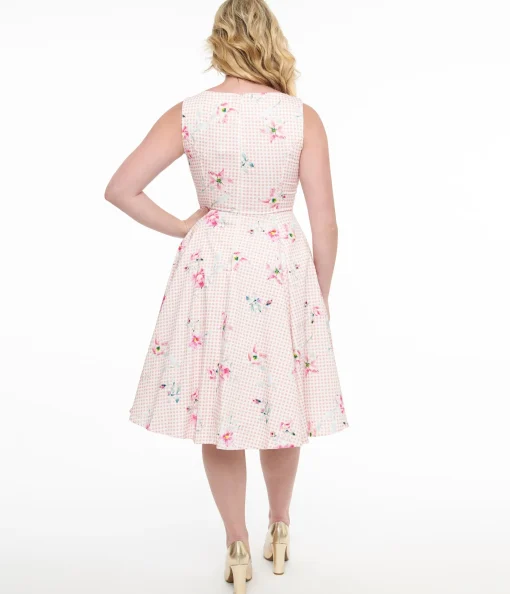 1950s Pink Gingham & Floral Cotton Swing Dress