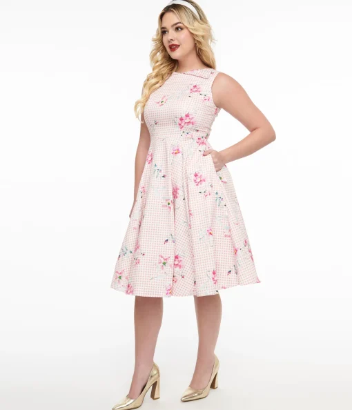 1950s Pink Gingham & Floral Cotton Swing Dress