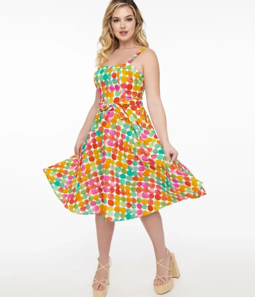 1950s Rainbow Watercolor Polka Dot Lori Swing Dress