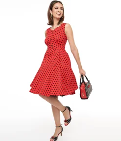 1950s Red & Black Polka Dot Fit & Flare Dress