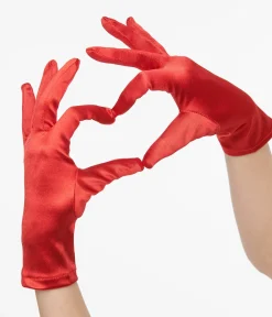 1950s Red Satin Wrist Length Gloves