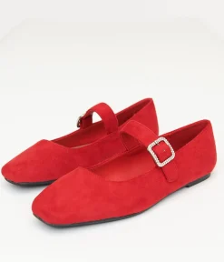 1960s Red Suede Rhinestone Buckle Mary Jane Flats