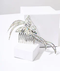 1920s Silver & Rainbow Rhinestone Butterfly Tiara Hair Comb