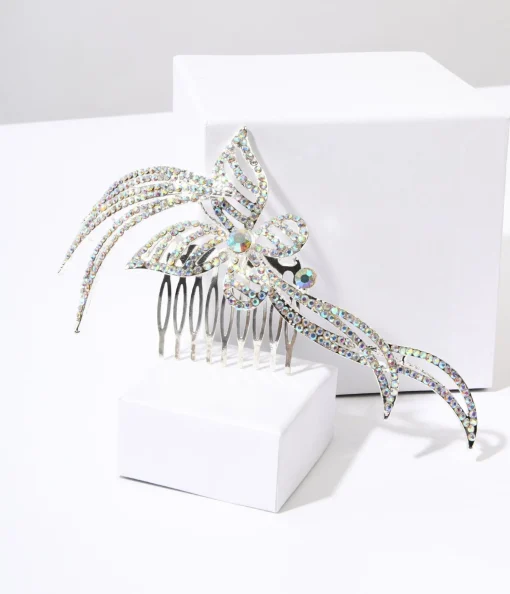 1920s Silver & Rainbow Rhinestone Butterfly Tiara Hair Comb