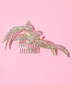 1920s Silver & Rainbow Rhinestone Butterfly Tiara Hair Comb