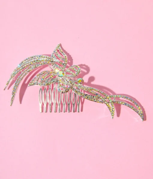 1920s Silver & Rainbow Rhinestone Butterfly Tiara Hair Comb