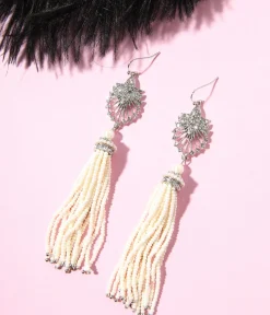 1920s Silver & White Beaded Deco Tassel Dangle Earrings