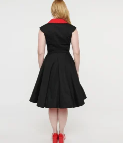 1950s Style Black & Red Cap Sleeve Button Up Diablo Swing Dress