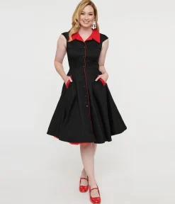 1950s Style Black & Red Cap Sleeve Button Up Diablo Swing Dress