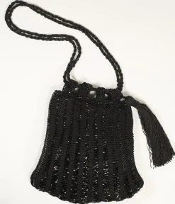 1920s Style Black Beaded & Crochet Tassel Purse