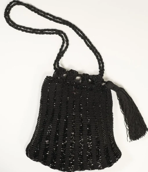 1920s Style Black Beaded & Crochet Tassel Purse