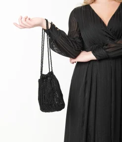 1920s Style Black Beaded & Crochet Tassel Purse
