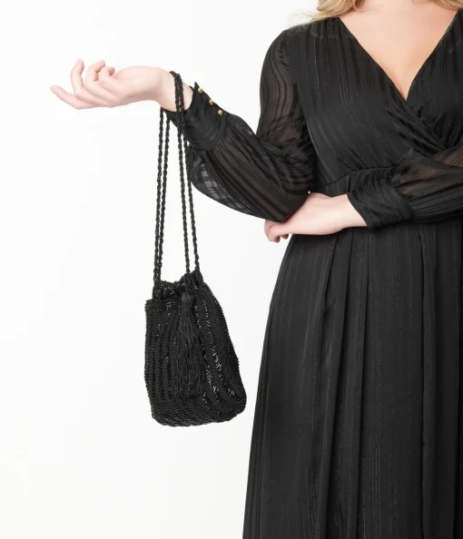 1920s Style Black Beaded & Crochet Tassel Purse