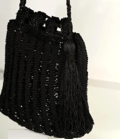 1920s Style Black Beaded & Crochet Tassel Purse