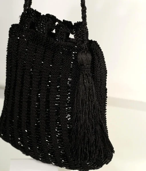 1920s Style Black Beaded & Crochet Tassel Purse