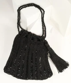 1920s Style Black Beaded & Crochet Tassel Purse