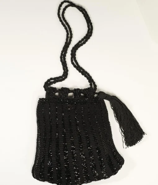 1920s Style Black Beaded & Crochet Tassel Purse