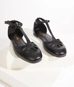 1920s Style Black Leatherette T-Strap Flats
